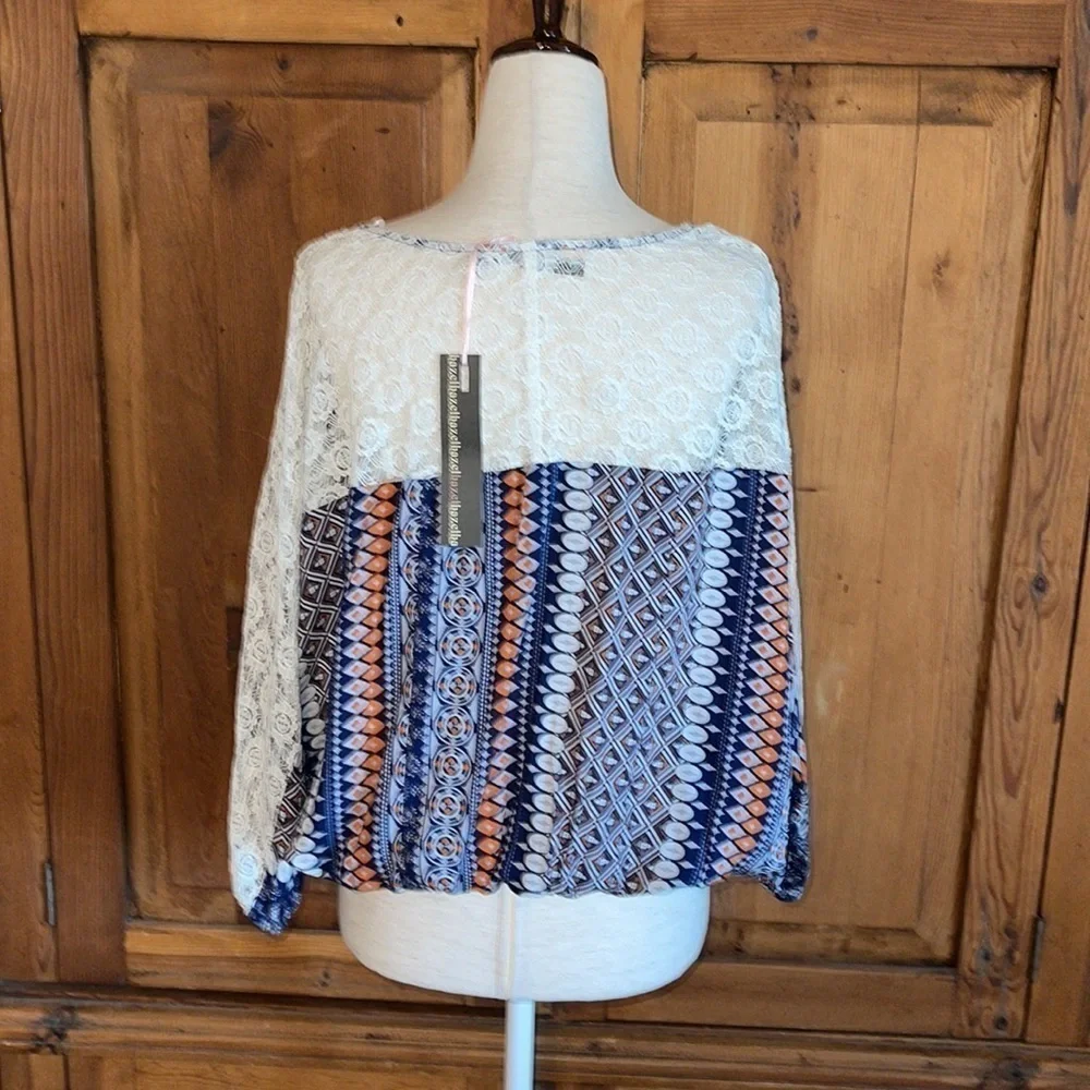 NWT Anthropologie HAZEL Blue & Orange Bohemian Style Blouse Sz. S